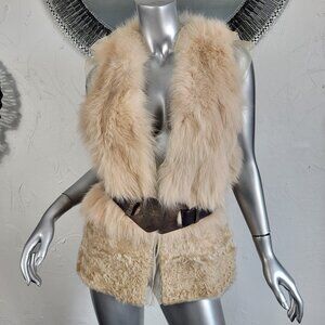 MAISON DE MAIER~S/M~VINTAGE BEIGE GENUINE FOX FUR REAL CURLY LAMB VEST COAT
